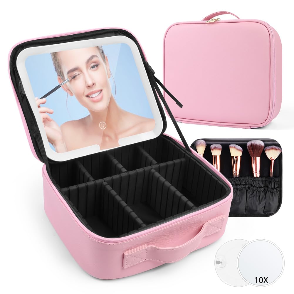 OSDUE Beauty Case da Viaggio Donna 23x26 cm Borsa Cosmetica con Specchio 3 Colori LED Porta Trucchi Rosa