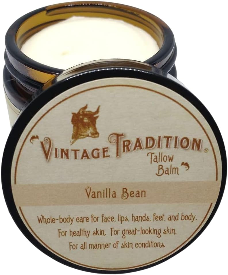 Vintage Tradition Beef Tallow All Purpose Balm – Healing, Hydrating Mild Vanilla Skin Care Salve Replaces Body Lotion, Hand Cream, More – Essential Oil, Olive Oil, and Grass-Fed Tallow, 2 fl. oz.
