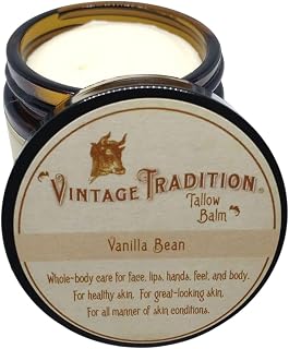 Vintage Tradition Beef Tallow All Purpose Balm - Healing, Hydrating Mild Vanilla Skin Care Salve Replaces Body Lotion, Hand Cream, More - Essential Oil, Olive Oil, and Grass-Fed Tallow, 2 fl. oz.
