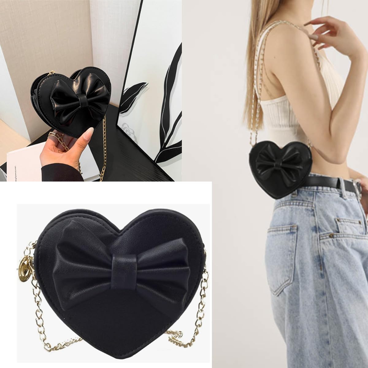 Cute Heart Shaped Purse for Girls Women Gift, Small Mini Heart-shaped Crossbody Handbag, Leather Chain Bow Princess Shoulder Bag, Travel Wallet Bag for Daughter (Black)