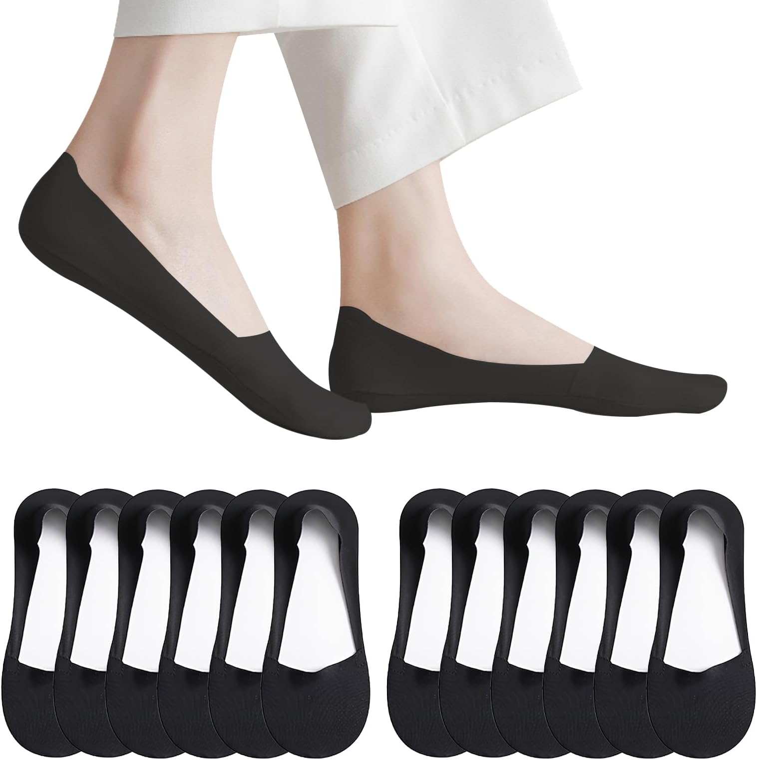 Thin No Show Socks Women Low Cut Invisible Liner Socks for Flats Loafers Heels, Cotton Nylon Non Slip Socks 6 Pairs