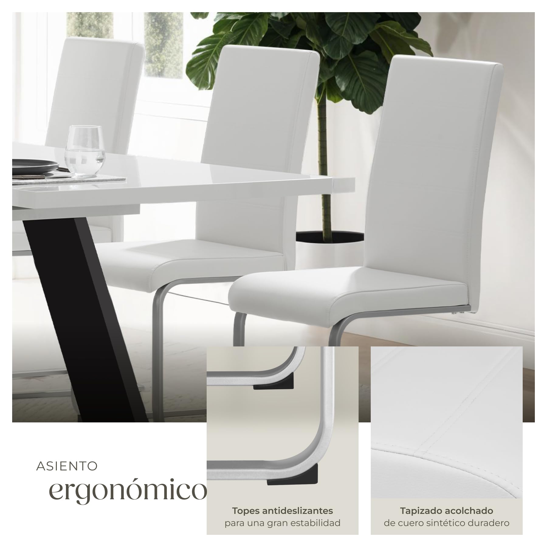 tectake® Conjunto de Sillas de Comedor, Diseño Moderno, Asiento y Respaldo Acolchado, Piel Sintética, Alta Capacidad,Montaje Rápido, Sillas Cocina, Silla Comedor - 4 Sillas Blanco