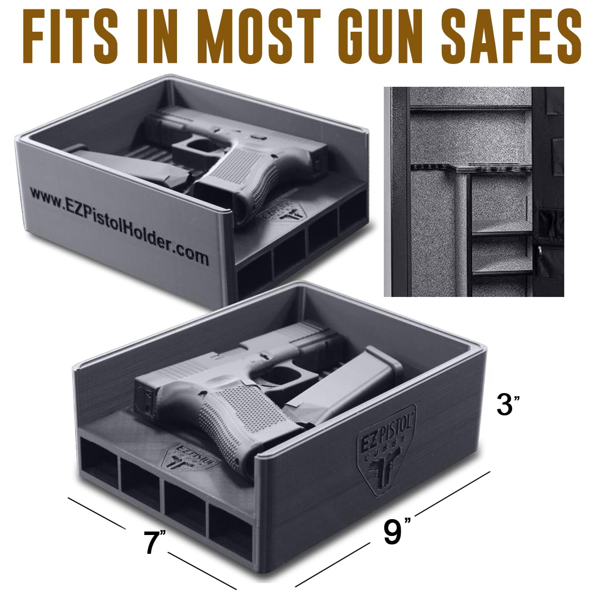 EZ Pistol & Mag Holder Cubby, Compact Handgun and Magazine Organizer for Shelf, Nightstand, or Gun Safe, Pistol Rack, Bedside Gun Storage, Fits Most Handguns and Mags - 8 Pack