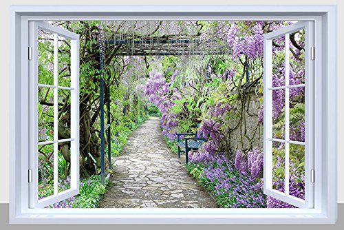 BANBERRY DESIGNS Pathway Picture - Purple Garden Pathway with Fiber Optic Lights - LED Canvas Garden Print with Window Frame