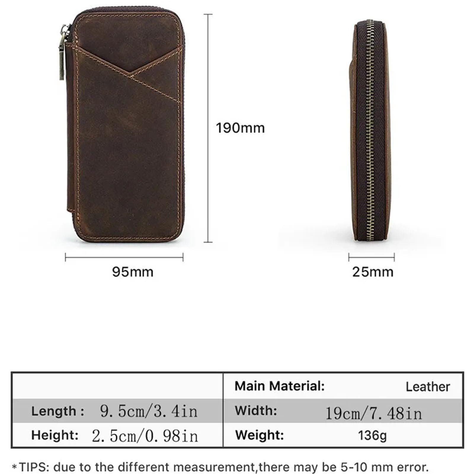 Estuche de Cuero con Cremallera Multifuncional for 4 lápices o bolígrafos. Ideal for Estudiantes.