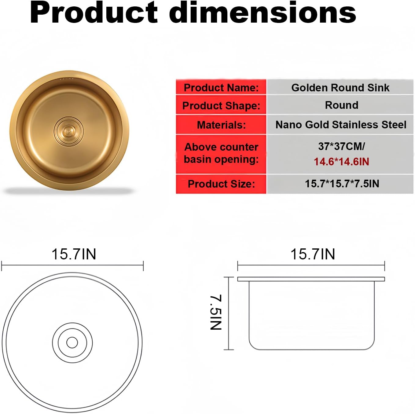 RV Utility Sink Golden Round Bar Sink 16 Inch Countertop/Drop-in Single Bowl Sink, 304 Stainless Steel Small Kitchen Sink With Accessories (Gold, 15.7x15.7in)