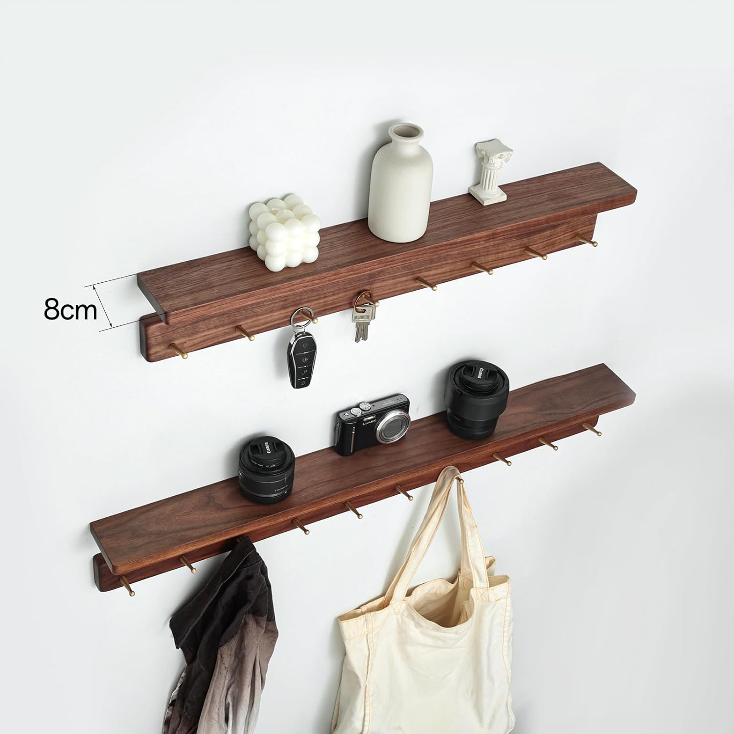 Wall Mounted Coat Rack with Shelf, Wooden Entryway Organizer with 4 Hooks, Wall Shelf with Hooks for Hallway, Bedroom, Bathroom (Walnut, 11.81inch/4 Hooks)