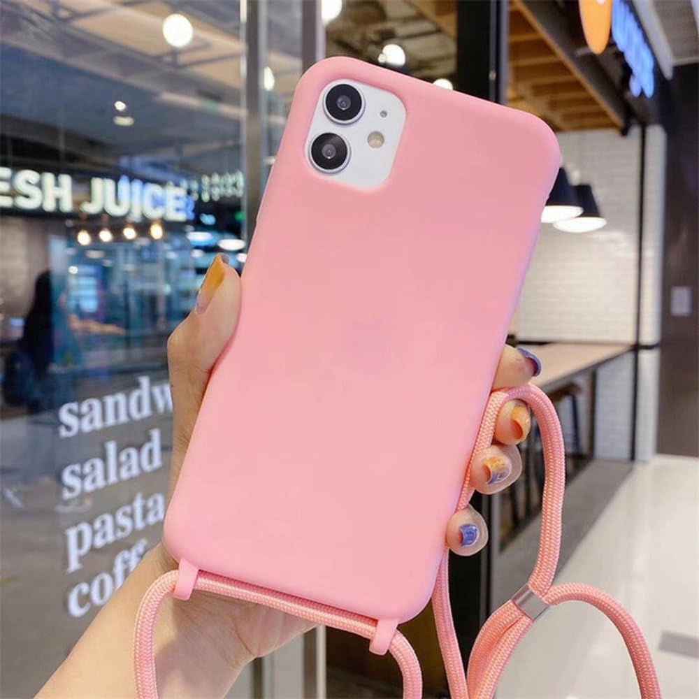 Coque cordon iPhone 15 silicone rose pour garder les mains libres en voyage
