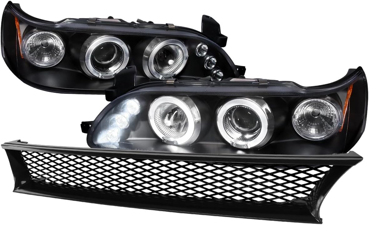Spec-D Tuning Black LED Halo Projector Headlights  Mesh Hood Grille Compatible with 1993-1997 Toyota Corolla Left  Right Pair Headlamps Assembly