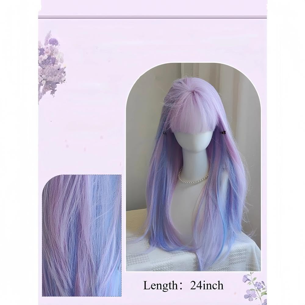 Haarpflege Perücke Weiblich Mit Lila Blauen Highlights Glattes Haar Hitzebeständige Faserperücken