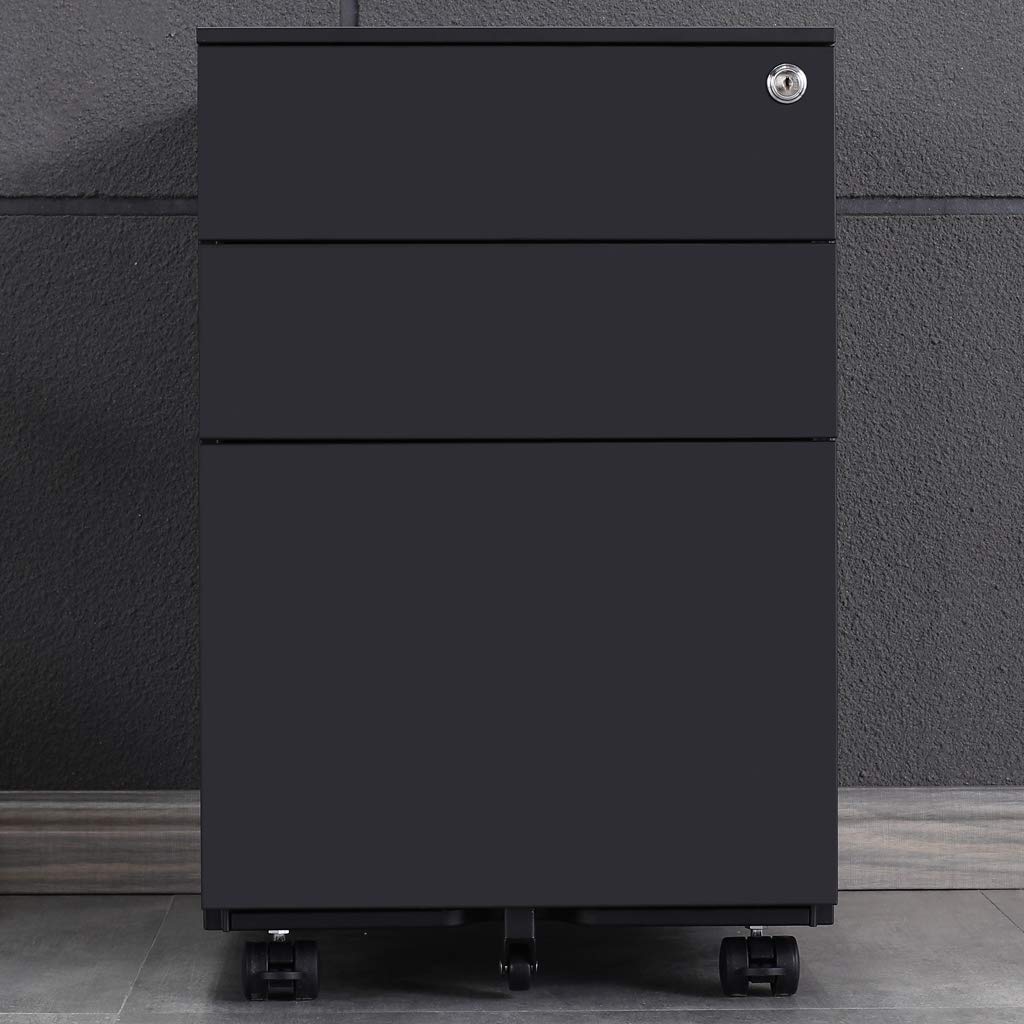 Loywe Cassettiera da Ufficio con Ruote e serratura, inclusi 3 cassetti, Contenitore per ufficio con meccanismo antiribaltamento per A4 Documenti e Cancelleria 39 x 50 x 60 cm Nero LWB020-S