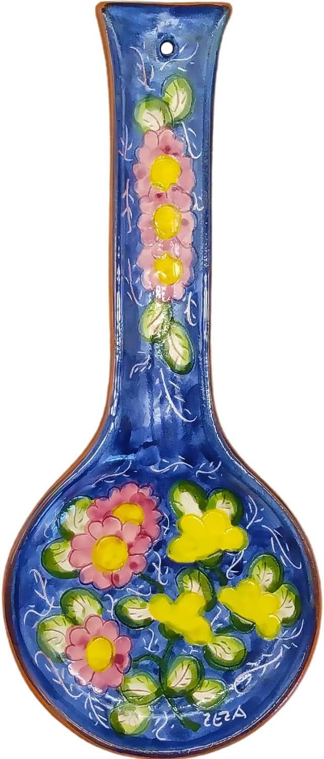 Handmade Hand Painted Portuguese Pottery Ceramic Spoon Rest (Floral), 11'' x 4.75'' x 0.5'' inches