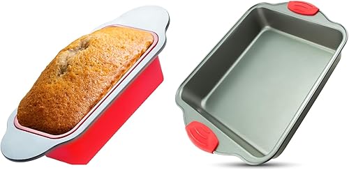 Boxiki Kitchen Juego de hornear premium molde de pan de silicona de 9 x 5 pulgadas y sartén de pan de plátano de acero antiadherente de 8.5 pulgadas