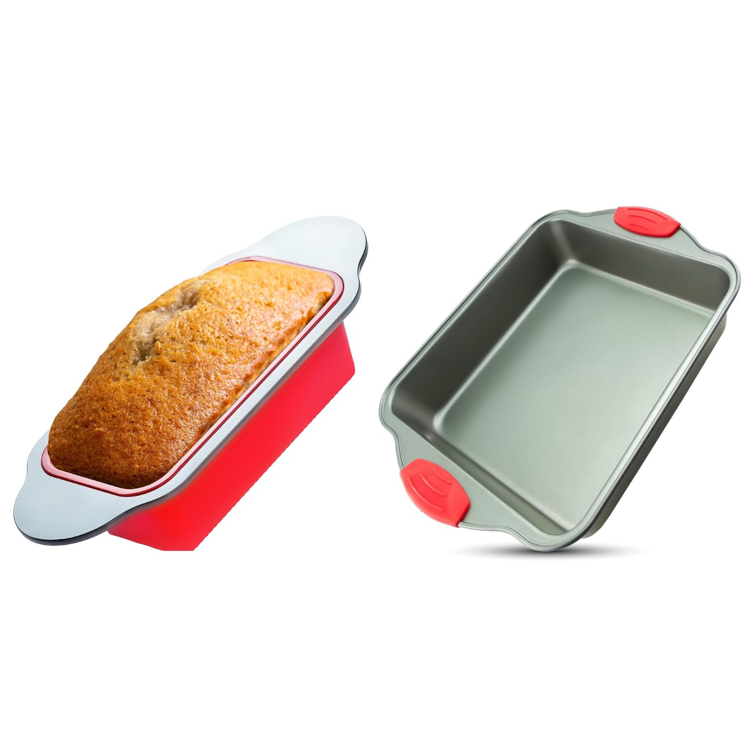 Boxiki KitchenPremium Baking Set: Silicone 9x5 Inch Bread Loaf Pan & Non-Stick Steel 8.5 Inch Banana Bread Pan with Silicone Handles.
