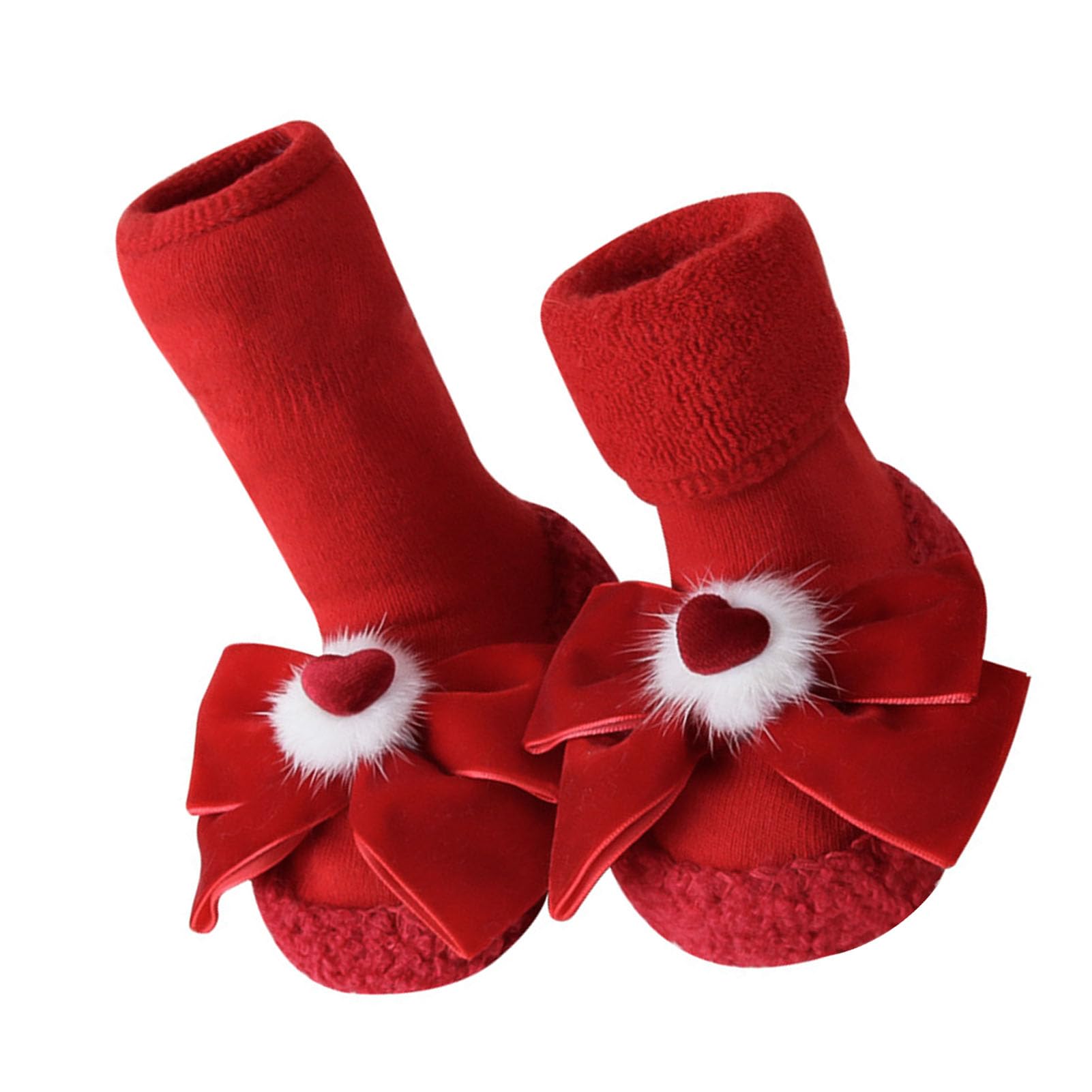 Antislip Red Thickened Baby Floor Socks with Heart Bow Sticker, Comfortable Toddler Floor Socks for New Year's Day, for (L)