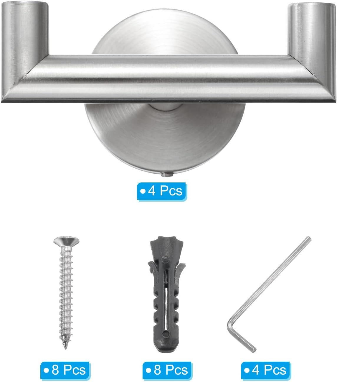 PATIKIL Double Towel Hook, 4Pack Stainless Steel Wall Mounted Hanger Round Towel Holder for Hanging Bathroom, Bedroom, Dormitory, Hang Towel, Clothes, Coat, Robe, Hat, Silver Tone