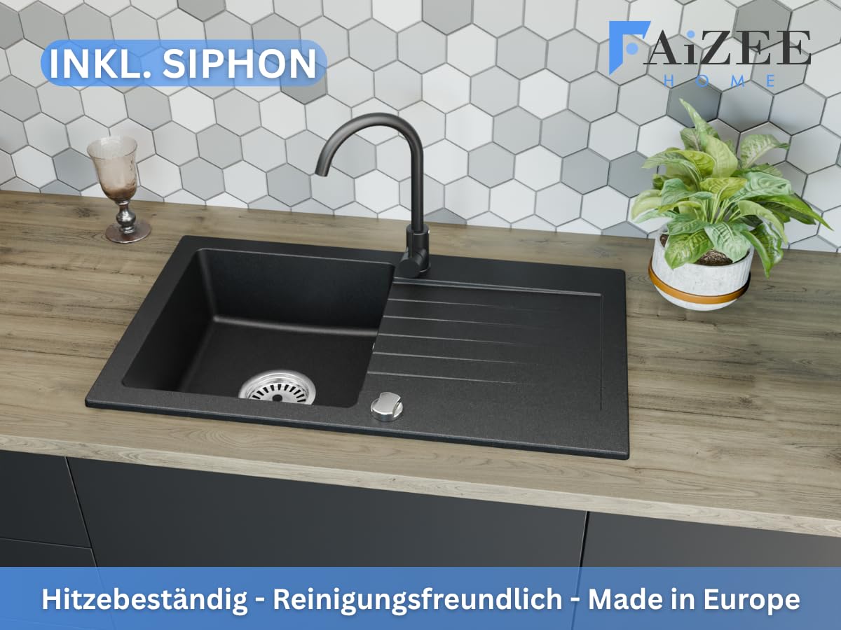 Faizee Home | Spülbecken Granit Schwarz 75x44 cm | Hochwertige Küchenspüle & Einbauspüle | Eckiges Spülbecken | Beidseitig montierbare Granitspüle | Einbaugranitspüle ab 45 cm | Inkl. Siphon-Set