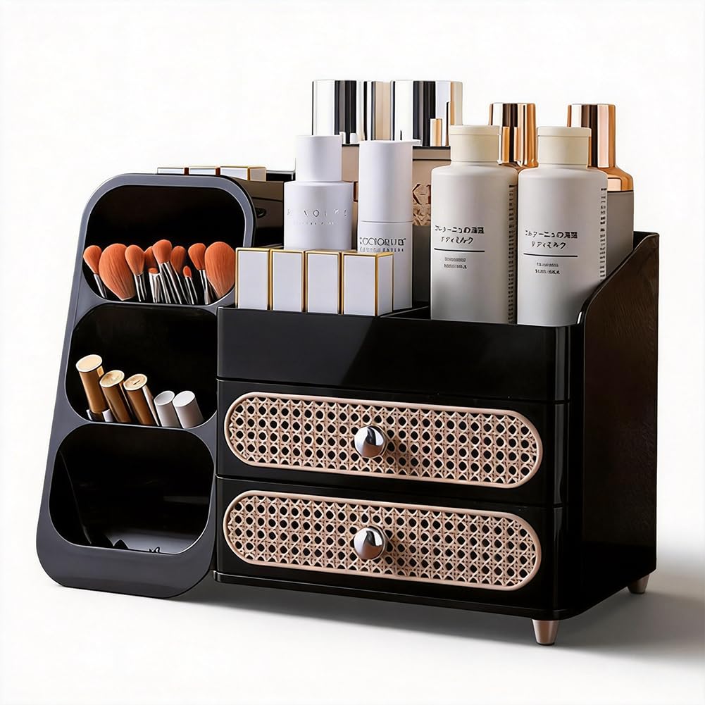 Organizer per trucchi con 2 cassetti, organizer per la cura della pelle, antiscivolo, porta pennelli per cosmetici, profumi, palette di ombretti, smalti per unghie