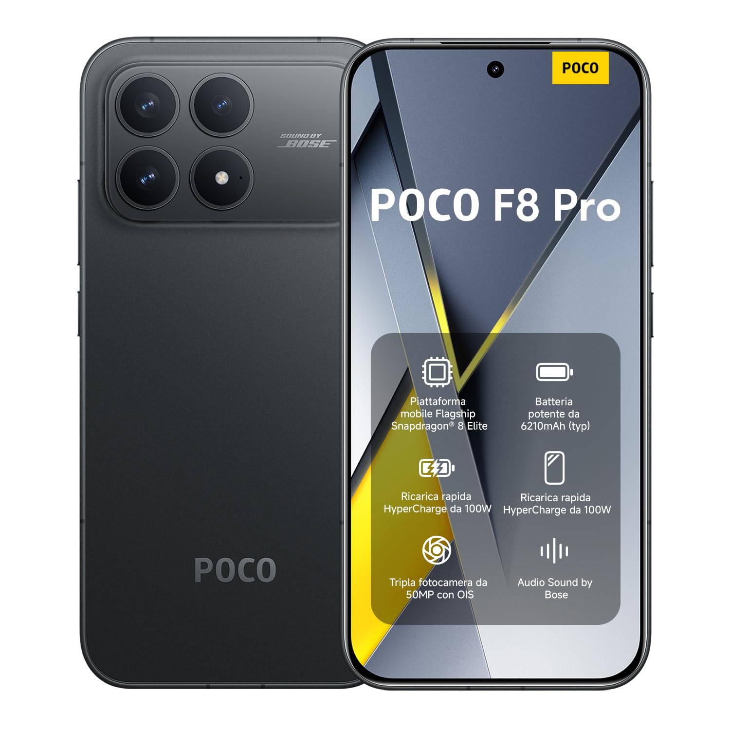Xiaomi POCO F8 Pro, Smartphone 12+256 GB, Display AMOLED 6,59" 120Hz, Tripla Fotocamera 50MP Teleobiettivo 60mm, Audio Sound by Bose, Batteria 6210mAh, Nero, Garanzia 2 anni, Caricatore escluso