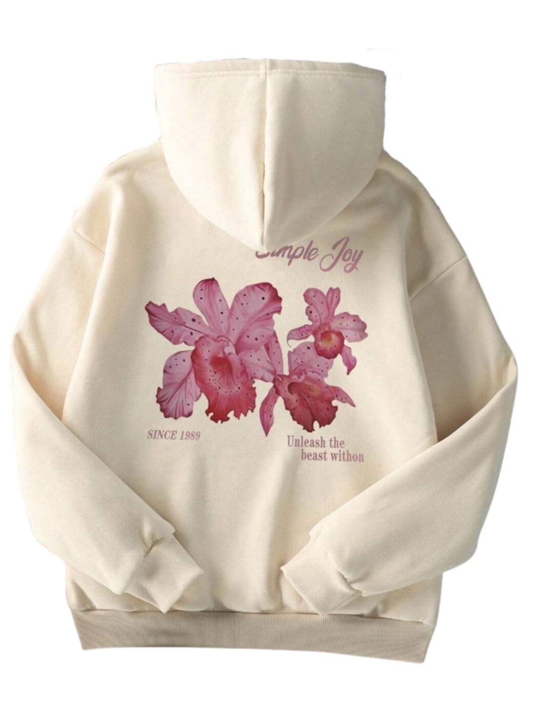 Simple Joy Women's White Floral Hoodie, Cotton Blend Sweatshirt with Pink Orchid Print