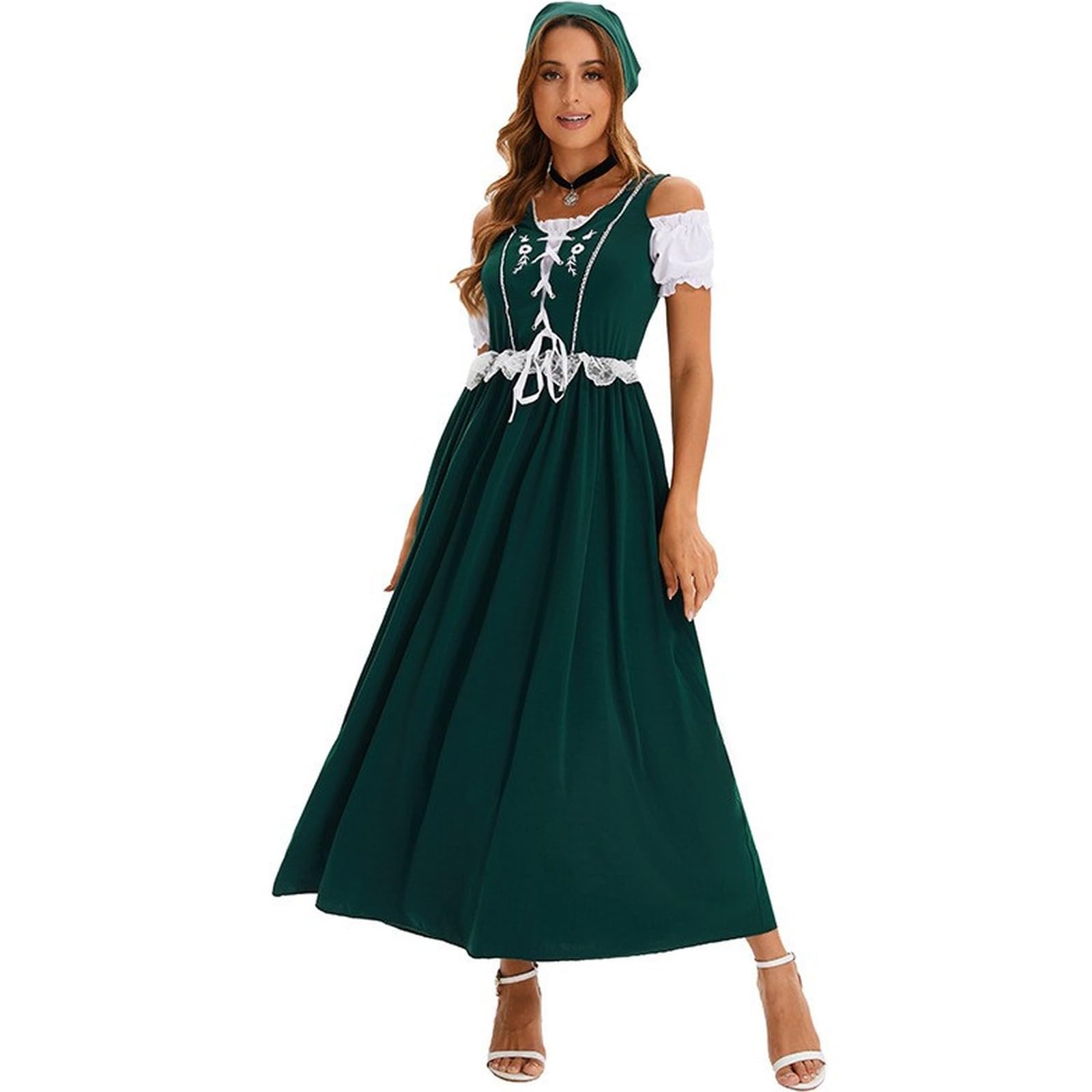 FUPODD Dirndl Rot Damen Lang Oktoberfest Damen Outfit Dirndl-Komplettsets Mit Bluse Trachtenkleid Elegant Ohne Schürze Dirndlkleid Mit Spitze Oktoberfest-Kleidung Inkl. Kopftuch Dirndlkleider Maxi