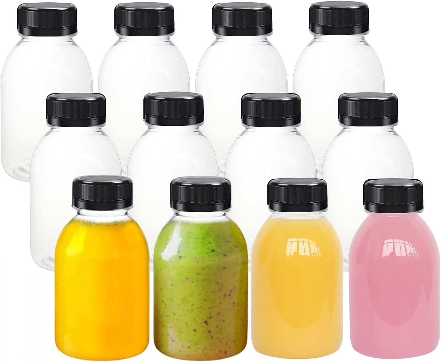 12 Pack 8 OZ (250 ml) Clear Plastic Juice Bottles with Lids, Bulk