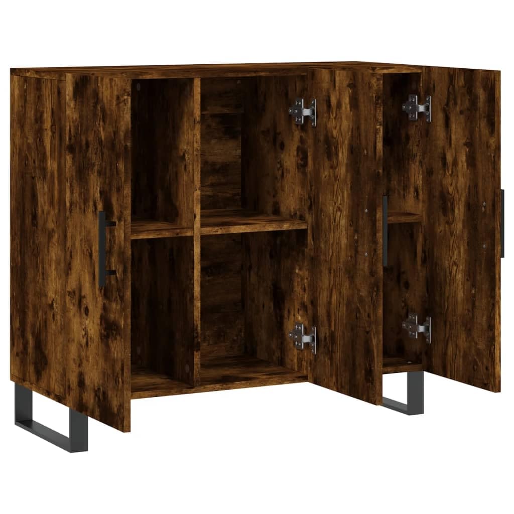 Générique Nowoczesny bufet wędzony dąb 90x34x80 cm, Meble do salonu z drewna konstrukcyjnego z metalowymi nogami, duża przestrzeń do przechowywania i praktyczne drzwi