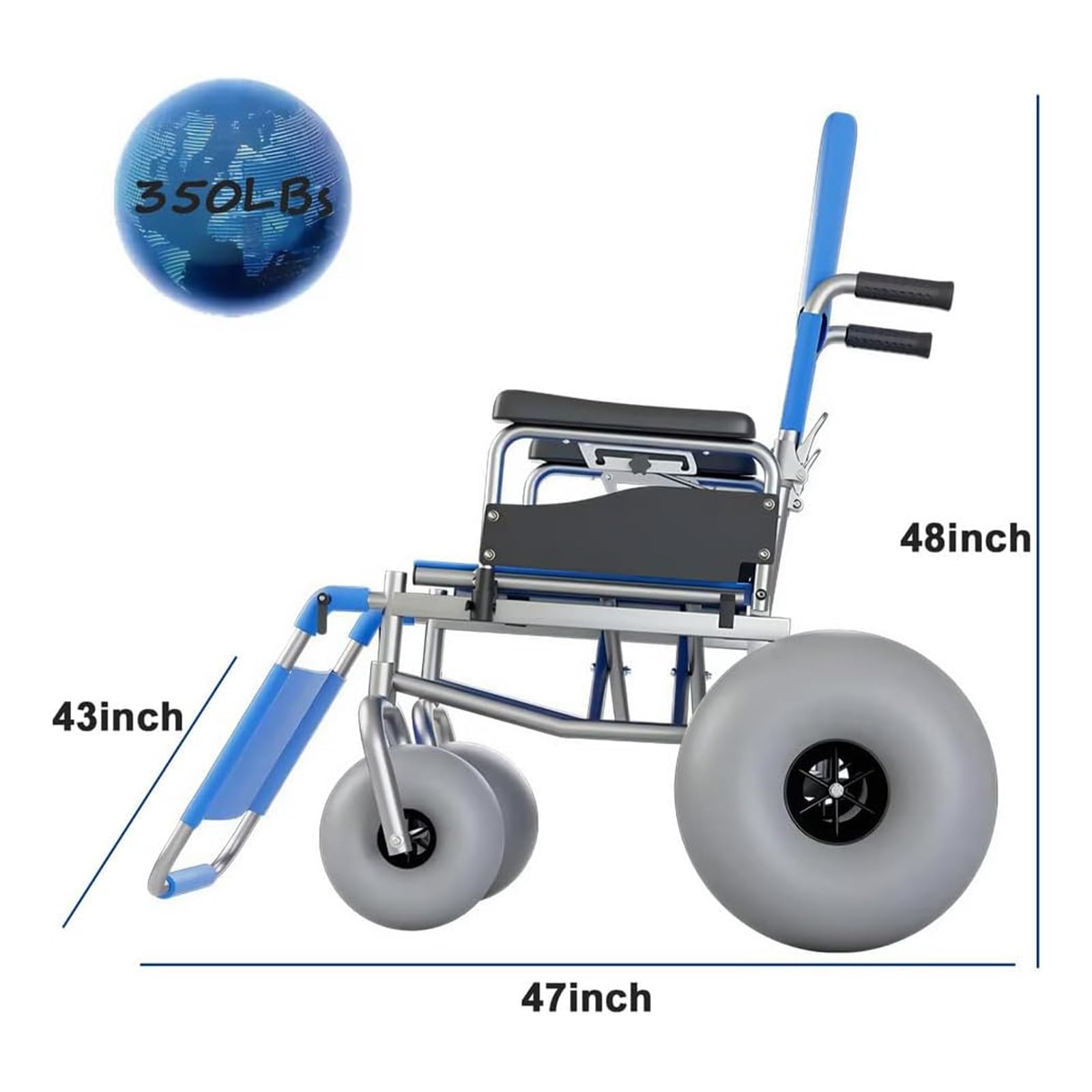 Silla De Ruedas Playa Con Neumáticos Tipo Globo, Todo Terreno, Respaldo Reclinable Y Reposapiés Ajustable, Capacidad 220 Libras, Fácil Desmontaje, Perfecta For Arena Suave Uso En Exteriores