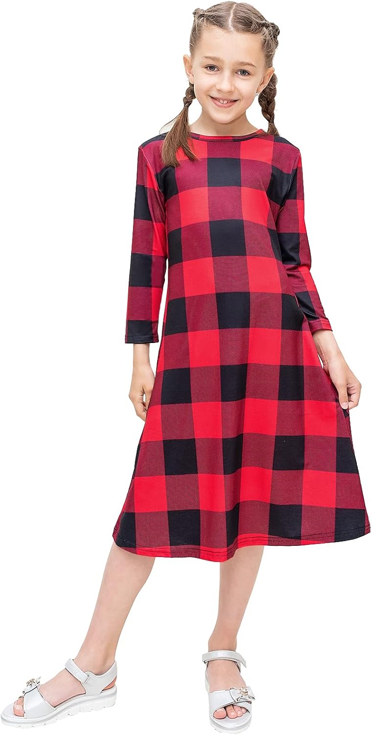 KYMIDY Girls Buffalo Check Plaid Dress Kids 3/4 Sleeve Casual Midi Dresses with Pockets for Girls 6-14 Years - Image 3