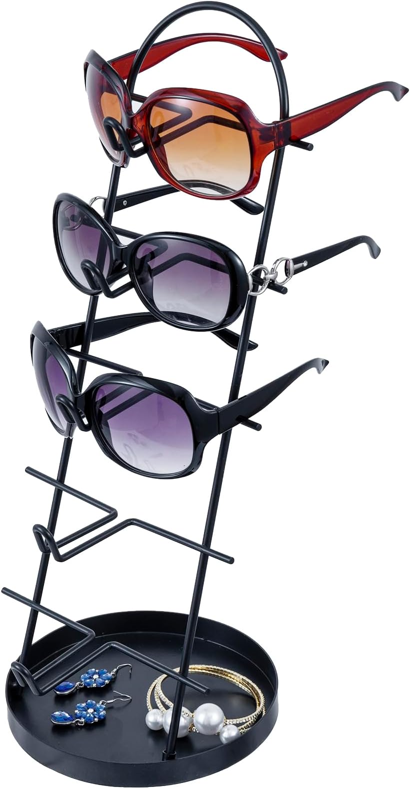 MyGift Modern Black Metal 5 Pair Sunglass Display Stand with Ring Jewelry Tray, Retail Eyewear Reading Glasses Showcase Rack
