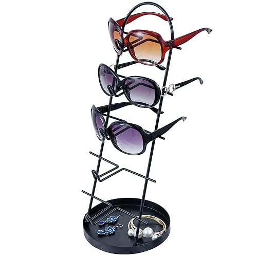 MyGift Modern Black Metal 5-Tier Sunglasses Display Stand with Jewelry Tray, Retail Eyewear Holder