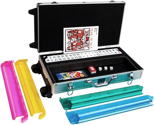Miniatura 3 de Set - Caja de aluminio con ruedas - 166 azulejos blancos de primera calidad, brazos de empuje modernos, plata, Mahjong occidental