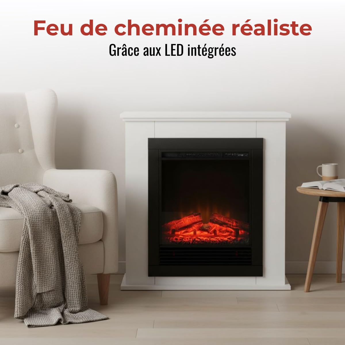 Cheminee Electrique Effet Flamme Lugano 1800W - Cheminée Décorative avec Télécommande et Minuterie - Chauffage Electrique Poêle Électrique Autoportant - Blanc