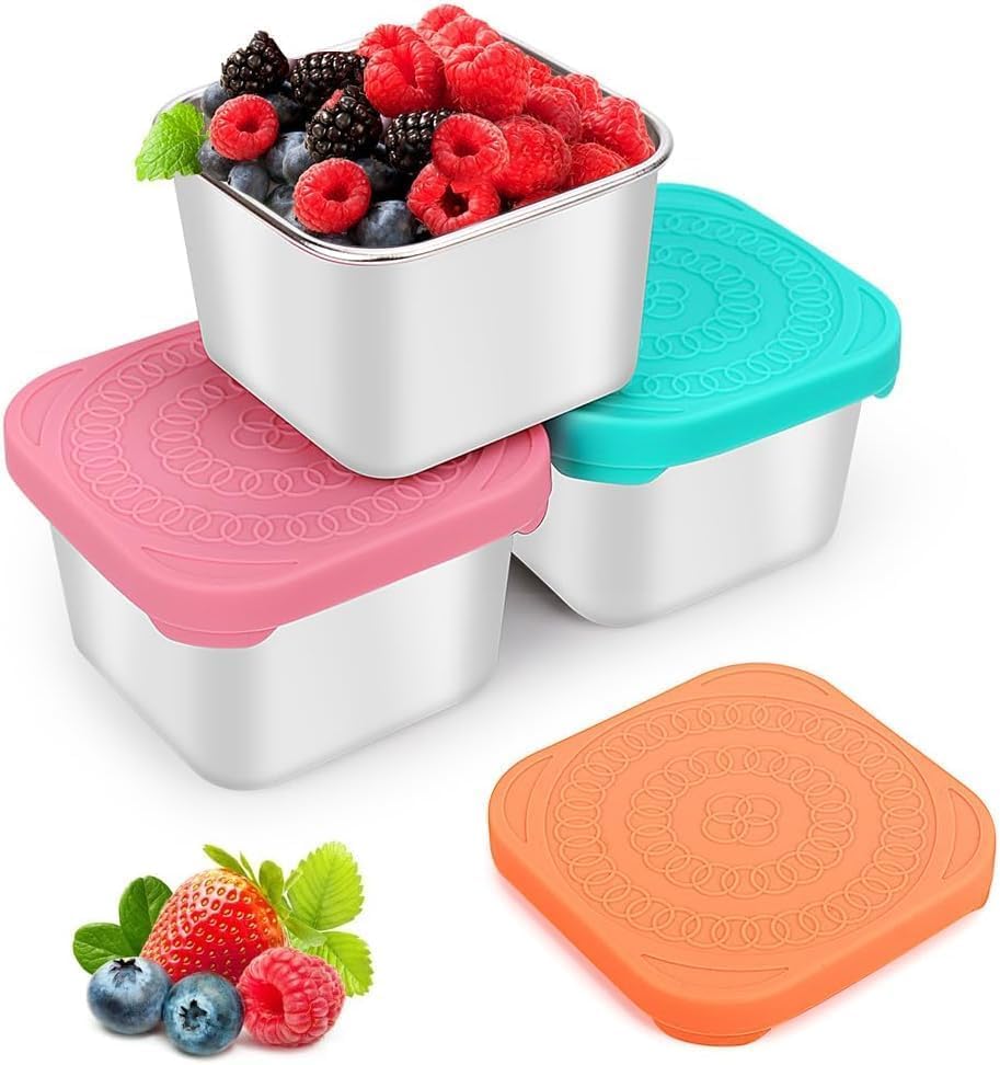 3 Pack Stainless Steel Snack Containers, 6oz Small Metal Food Storage Containers with Leak Proof Silicone Lids, Reusable Lunch Snack Condiment Sauce Storage Set, for Travel, Picnic, Office