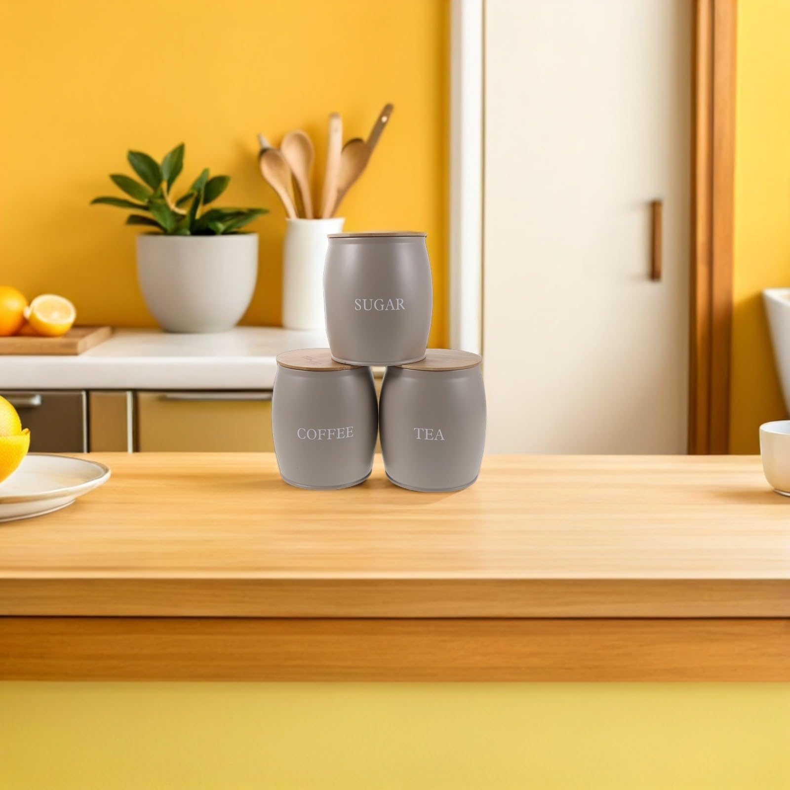 Ipetboom Juego de 3 Tarros Herméticos de Acero Inoxidable para Café y Azúcar con Diseño Moderno Minimalista, Tapa para Almacenamiento en Oficina y Encimera