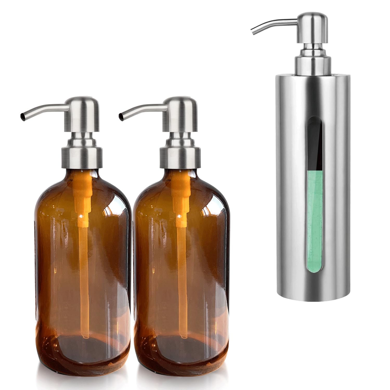 2 Pack Amber Glass Soap Dispenser with Silver Pump & Stainless Steel Soap Dispenser