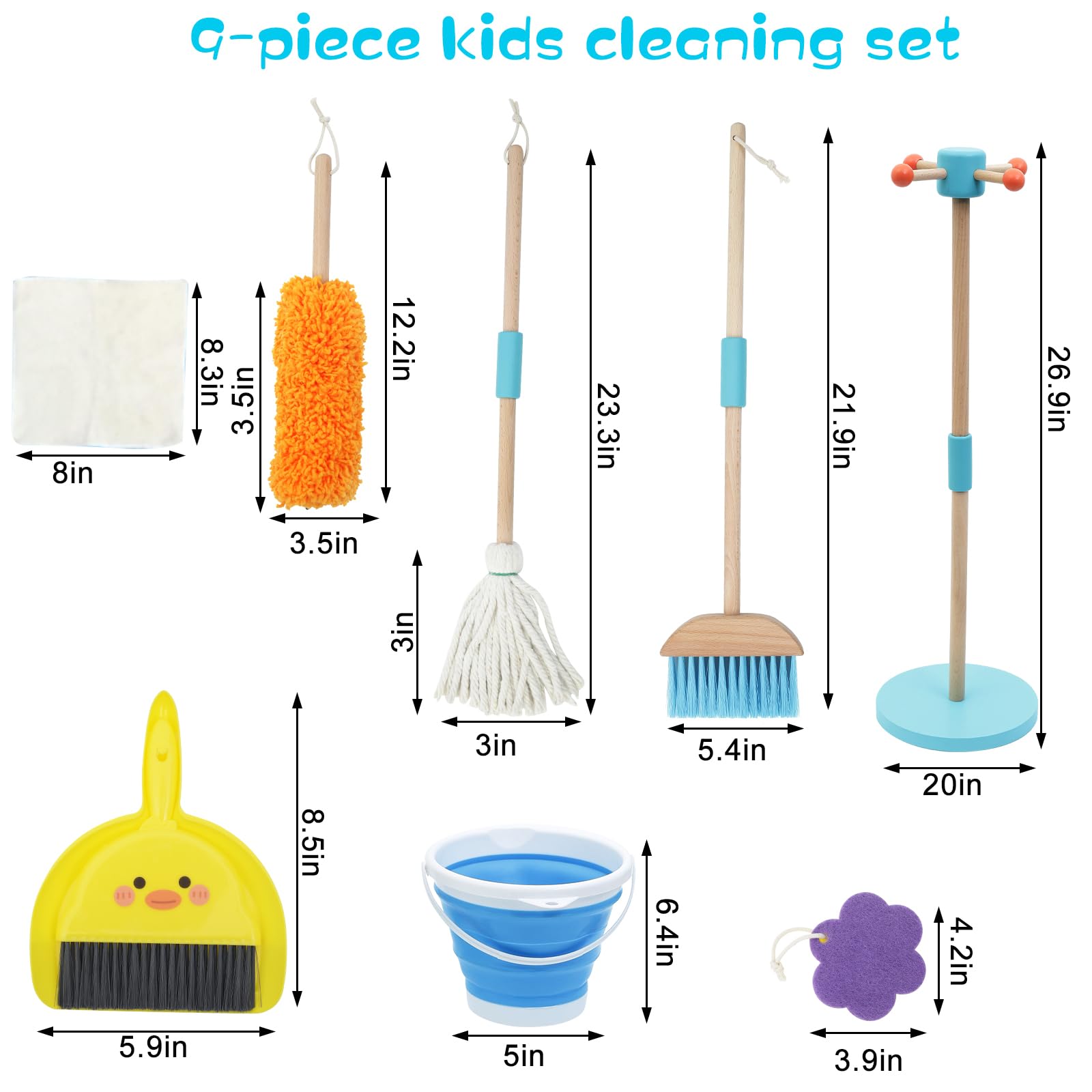 BONUMVITA Wooden Kid Cleaning Set,9pcs Housekeeping Play Set for Toddler Children, Toy Cleaning Kit Includes Brush, Broom,Mop,Housework Pretend Play Toys Present for Boys Girls Age 3-6