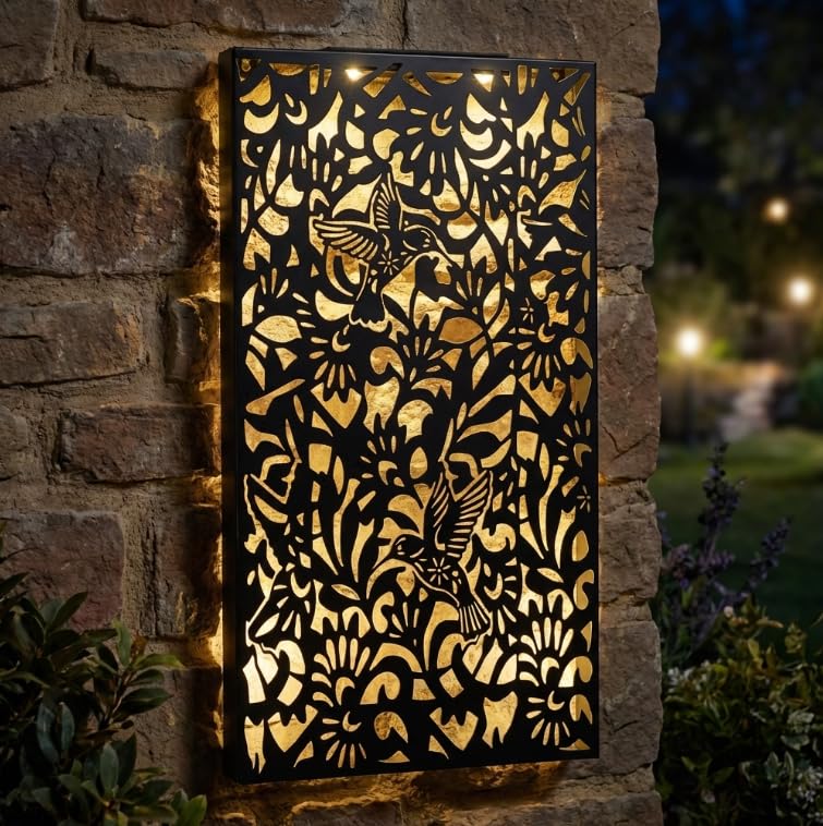 Betley Butterfly Hummingbird Style Solar Wall Panel, 30cm x 60cm, Hand Crafted Metal Decorative Light, Eco-friendly Wall Art for Garden Gift