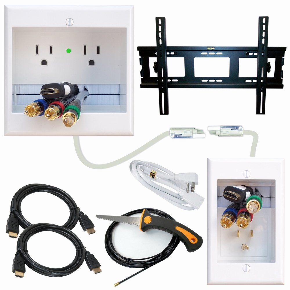 PowerBridge Solutions TWO-CK-IKH2TVML Dual Outlet Cable Management System with Flat Screen LED TV Mount for 32-Inch to 65-Inch Television Screens Plus HDMI Cables, Cable Puller, and Drywall Saw