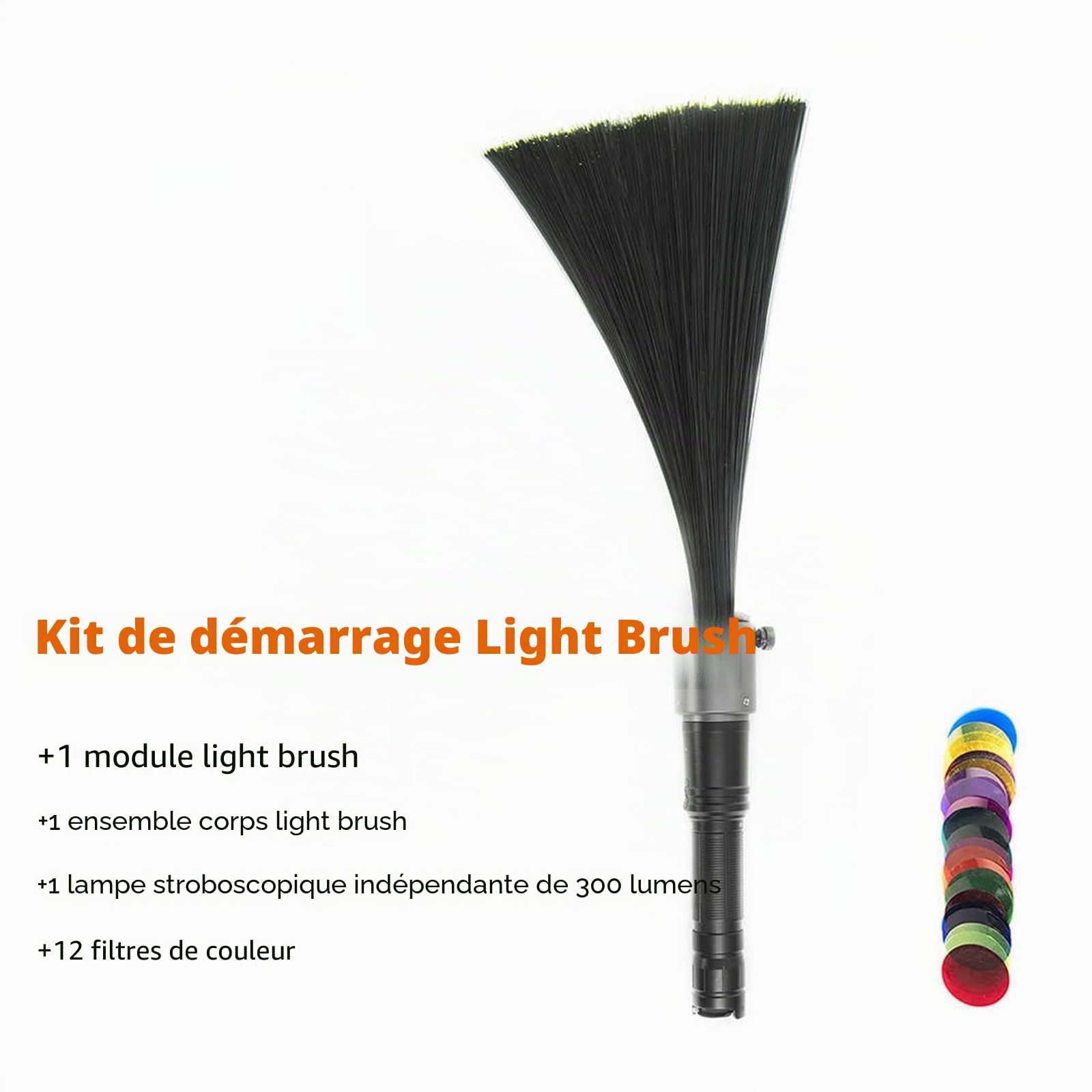 Pinceaux de peinture lumineuse de 11,4pouces, kit de démarrage pour graffiti lumineux avec fibre optique noire de 0,25mm, lampe de poche de 1300lumens, 12 filtres de couleur, photographie