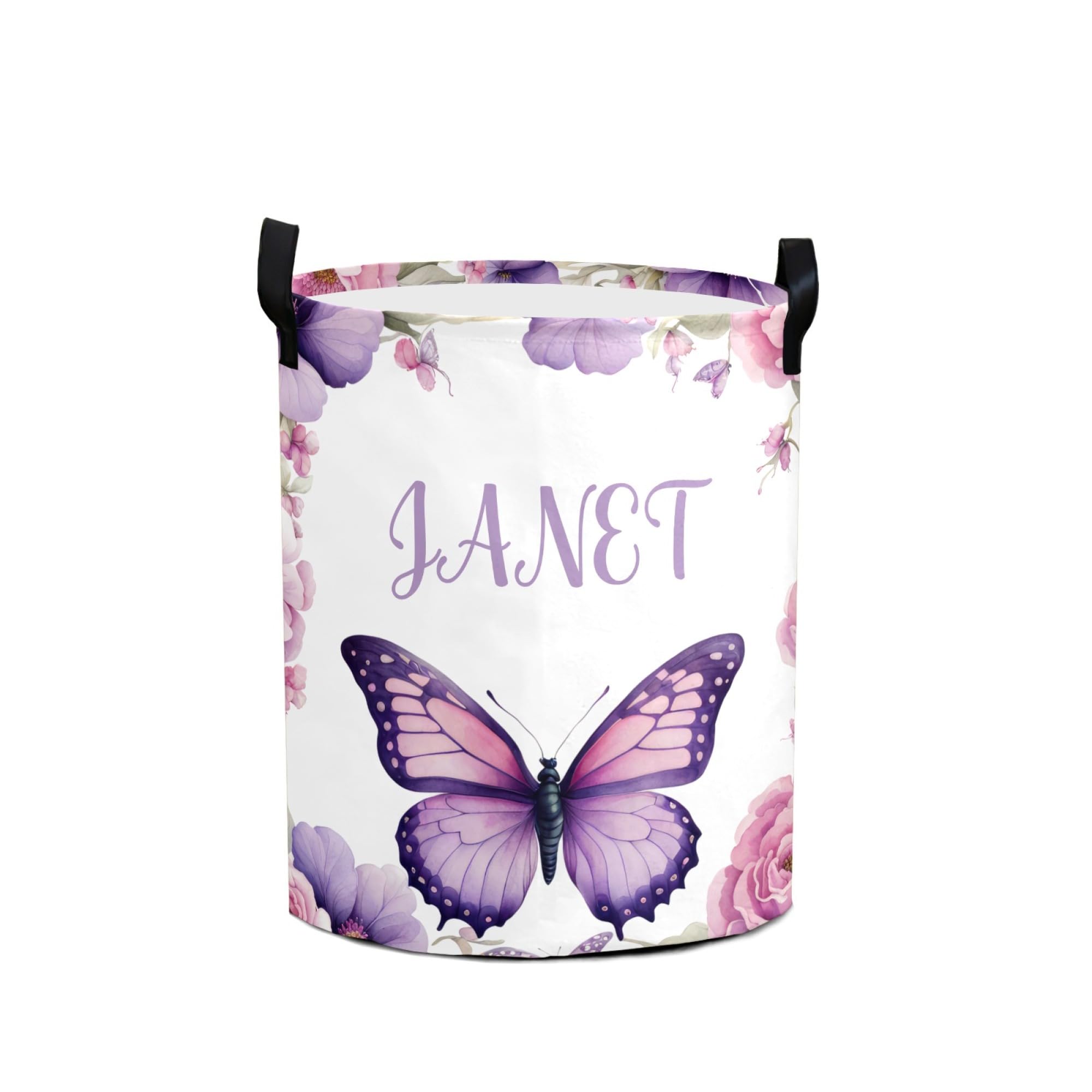 Large Custom Name Laundry Hamper, Butterfly Personalized Dirty Clothes Hamper Storage Basket with Name for Bathroom Bedrooms, Customized Name Circular