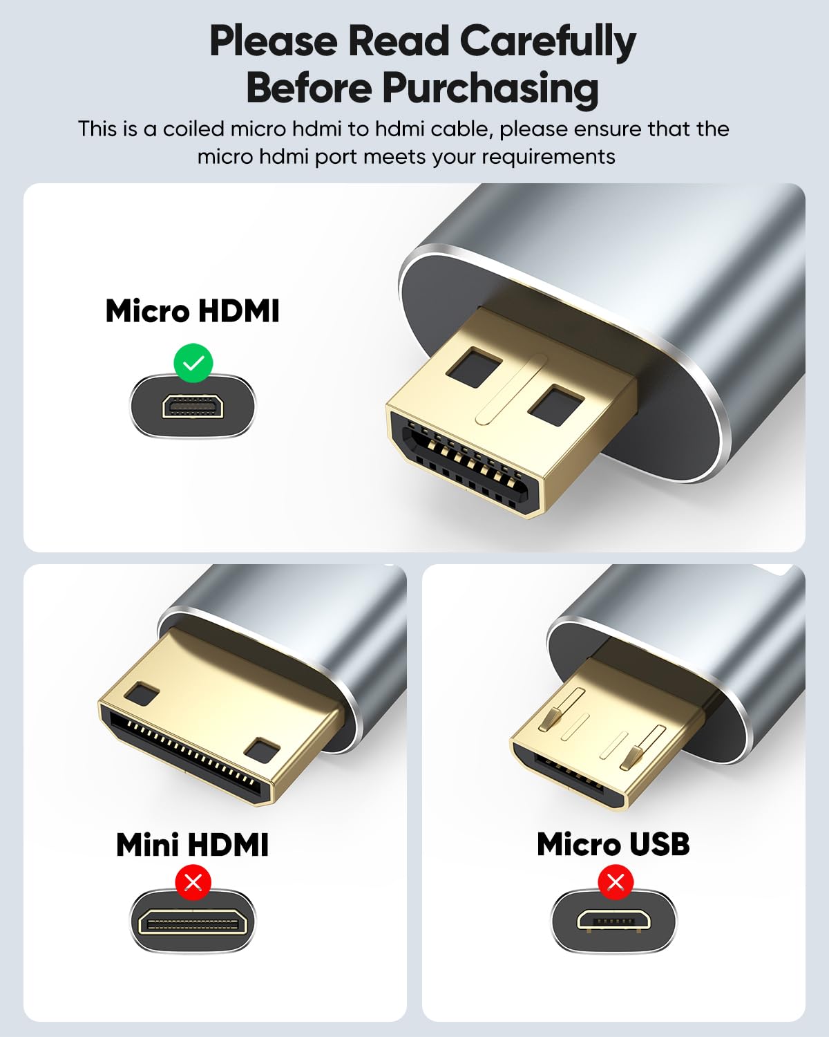 Cable en espiral micro HDMI a HDMI de 1 pie a 3 pies para cámara a monitor de campo, [carcasa de aluminio] Cable en espiral corto HDMI a Micro HDMI 4K @60Hz, 2K @120Hz, HDR, ARC para Raspberry