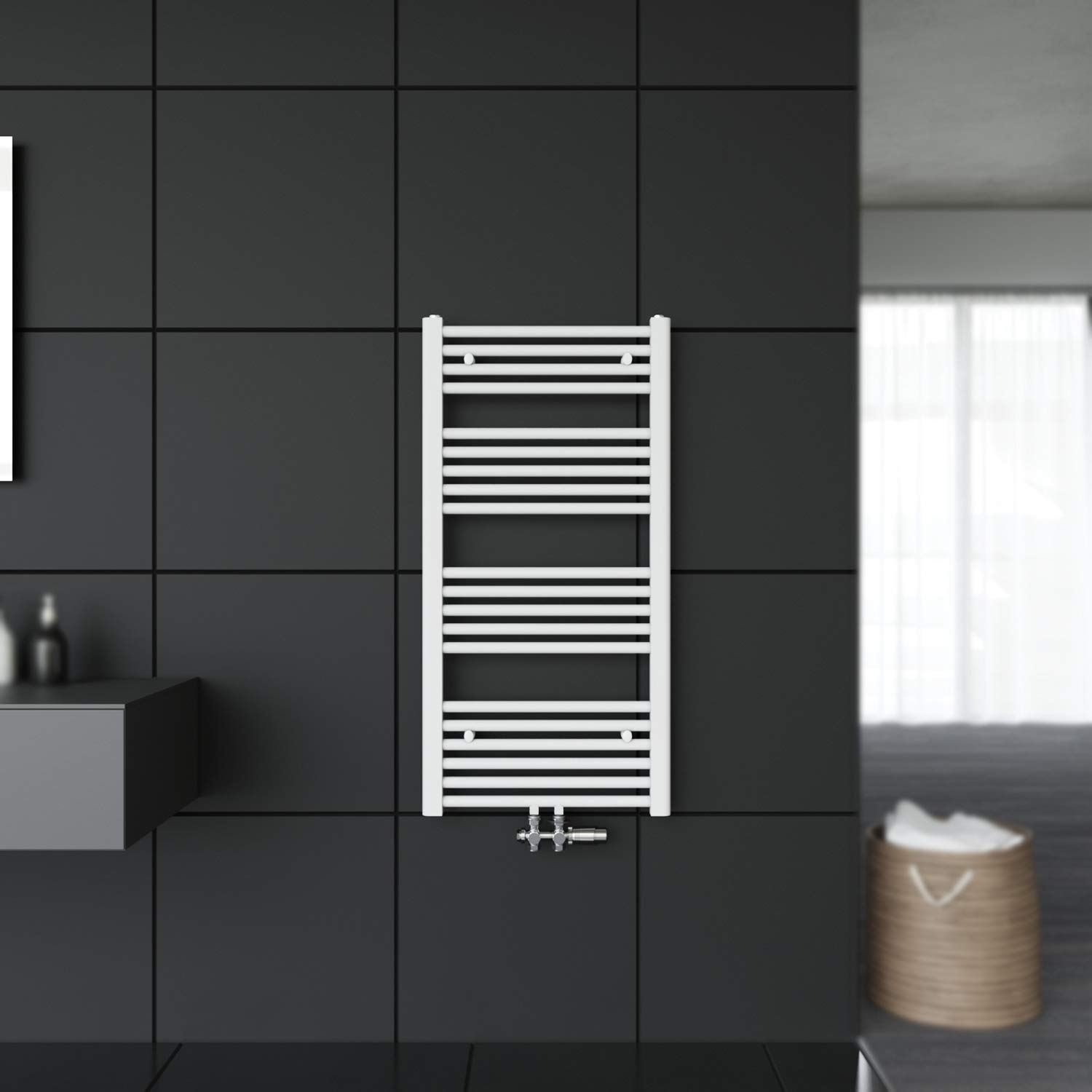 SONNI Grzejnik łazienkowy 1600 x 500 mm suszarka na ręczniki biały 448 W Design ogrzewacz do ręczników, przyłącze środkowe z białym termostatem multiblokowym