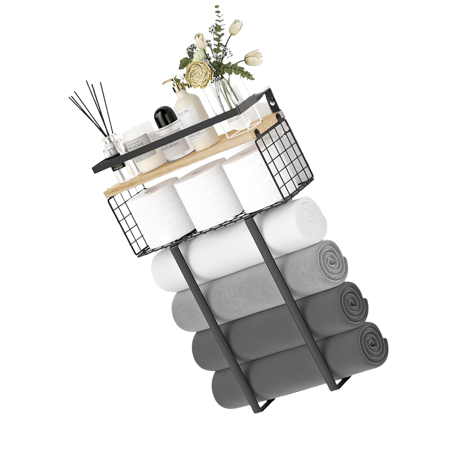 Bucolic Wood and Metal Vertical Towel Rack Bathroom Storage Double Layer Space Saving Solution Metal Wood Wall Mounted Bathroom
