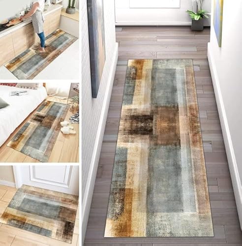 ZDYHMrj Teppich Läufer Flur Küche Braun Grau rutschfest Korridor Teppichläufer Waschbar Modern Schlafzimmer Wohnzimmer Läufer Teppich Breite 60cm/ 70cm/ 80cm/ 90cm/ 100cm Cover