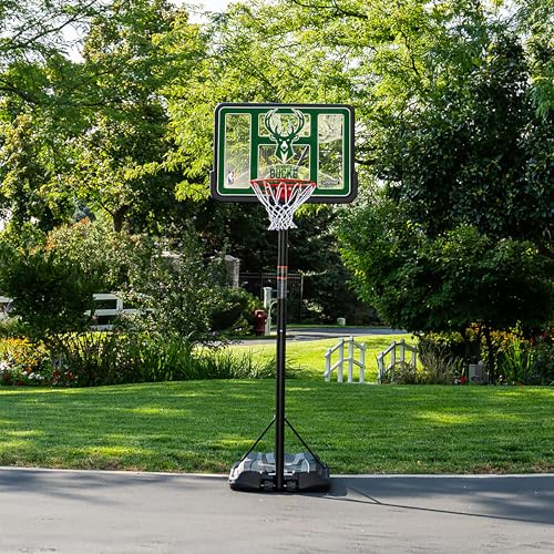 Image of Lifetime NBA Milwaukee Bucks Portable Basketball Hoop, Adjustable Height 7.5-10 Ft, 44 Inch Shatterproof Fusion Backboard, Base with Wheels