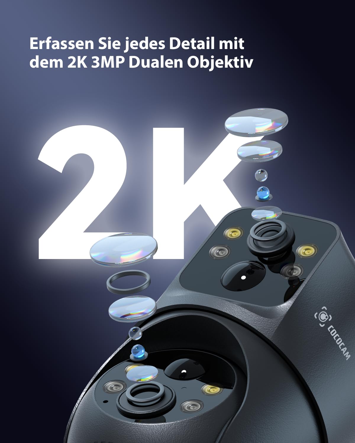 COCOCAM 2K Dual Objektiv Überwachungskamera Aussen WLAN Solar | 10000mAh Akku, 6W Solarpanel, Duale PIR und KI-Personenerkennung, Farb-Nachtsicht, 355°P 90° T, IP66, 2.4GHz WLAN
