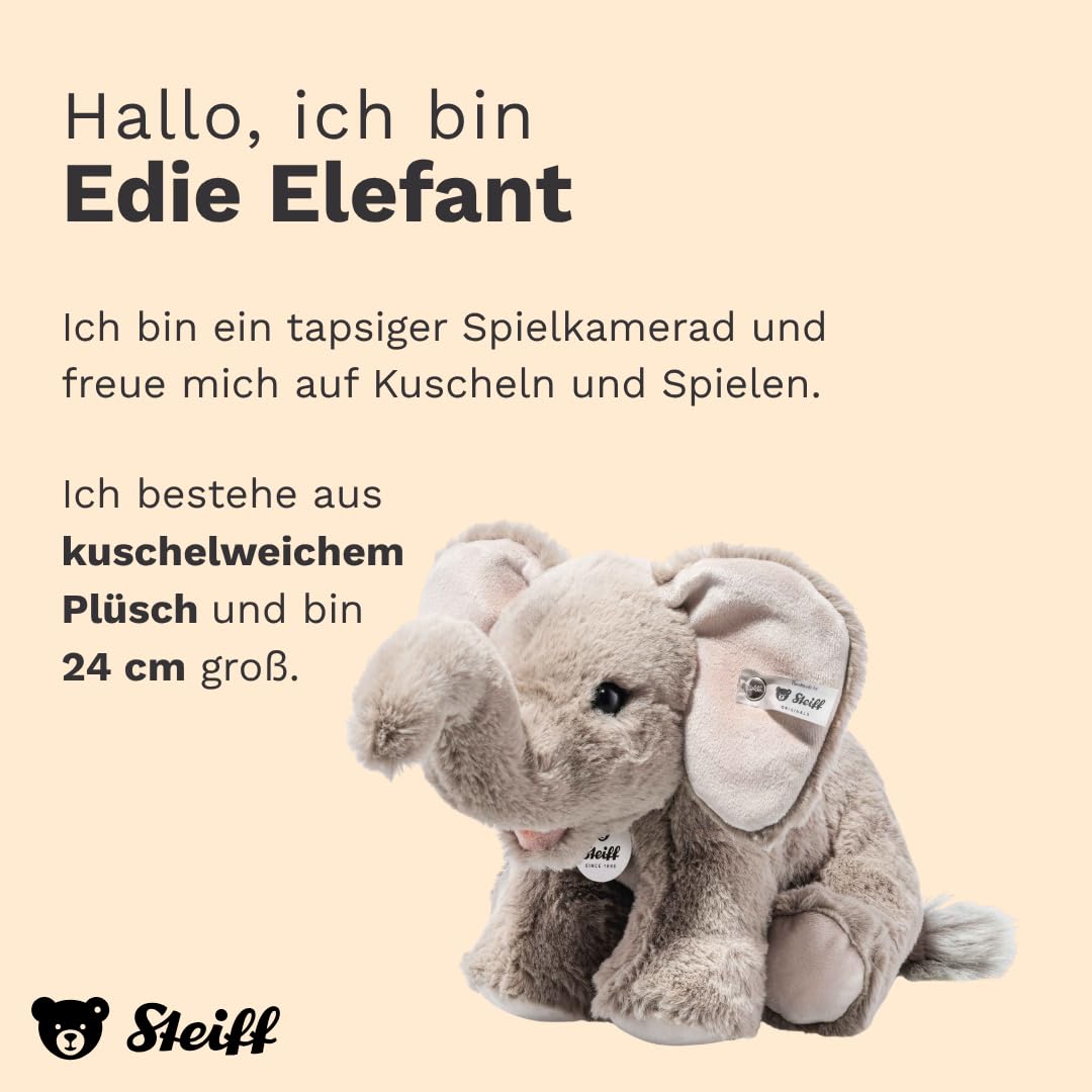 Steiff Kuscheltier Teddies for Tomorrow Edie Elefant, Süßes Stofftier mit Kunststoffaugen, Kinder, Jungen & Mädchen, Plüschtier 24 cm, Hellgrau, 065163