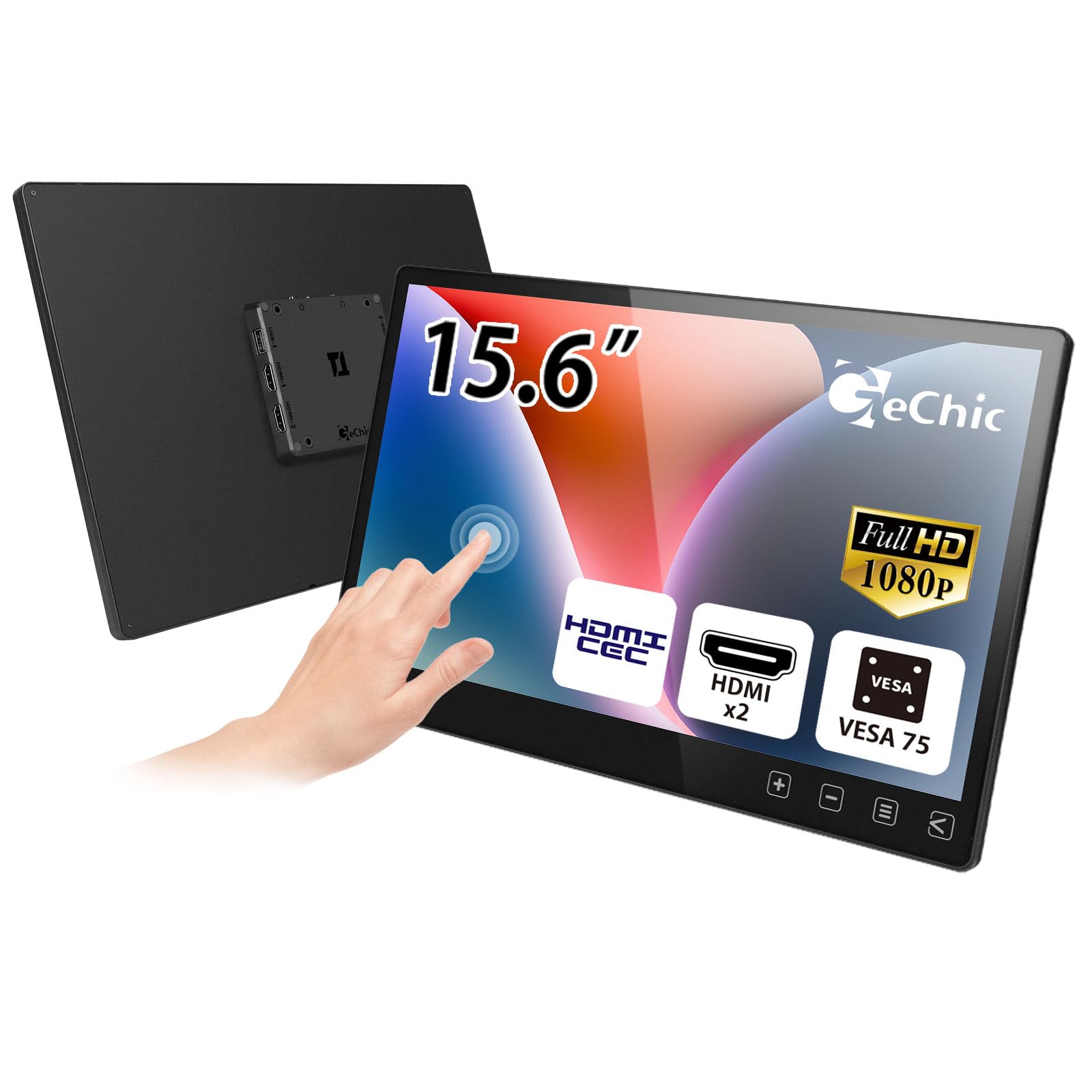 Gechic 15,6-calowy pojemnościowy ekran dotykowy monitor T152C, monitor KVM z 2 HDMI, 2 porty USB, monitor dotykowy FHD, ochrona przed odciskami palców, z VESA 75 x 75 do POS, kiosku, komputera