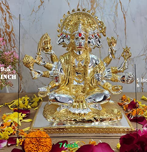 Image of Gold Art India Gold and Silver Plated Panchmukhi Hanuman Idol | Bajrang Bali Murti for Mandir | with Enamel Work Showpiece Figurine for Home Temple, Gifting(23L x 18W x 23H cm)(GOLDSILVERTWOTONE)